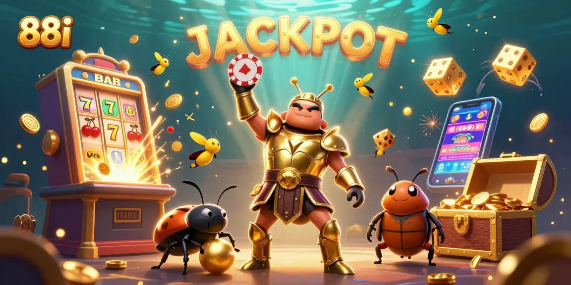 Engage with the thrilling world of 88i, where a victorious beetle celebrates jackpot wins with vibrant casino scenes.