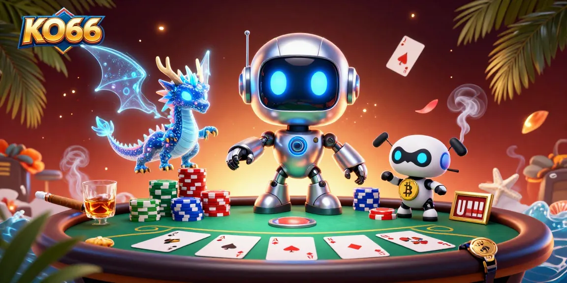 Experience KO66 with a vibrant 3D robot mascot at a poker table, showcasing excitement in online gambling.