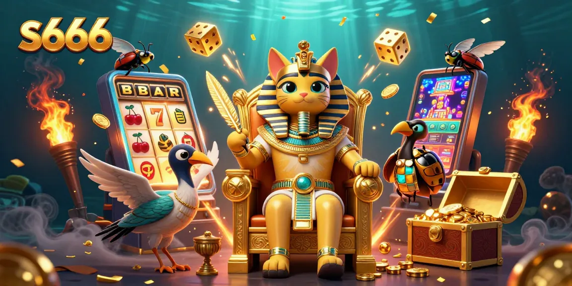 Experience exciting gameplay at S666 featuring a pharaoh cat amidst slots and treasure!