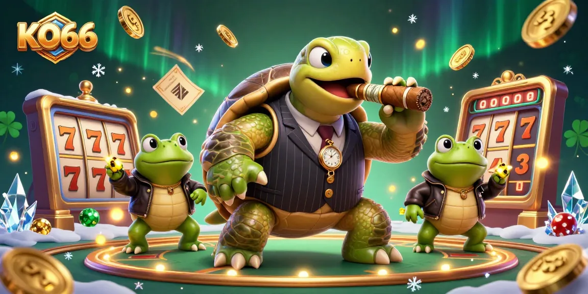 Win big at KO66 with a lively 3D casino illustration featuring a turtle mobster and exciting gaming elements.