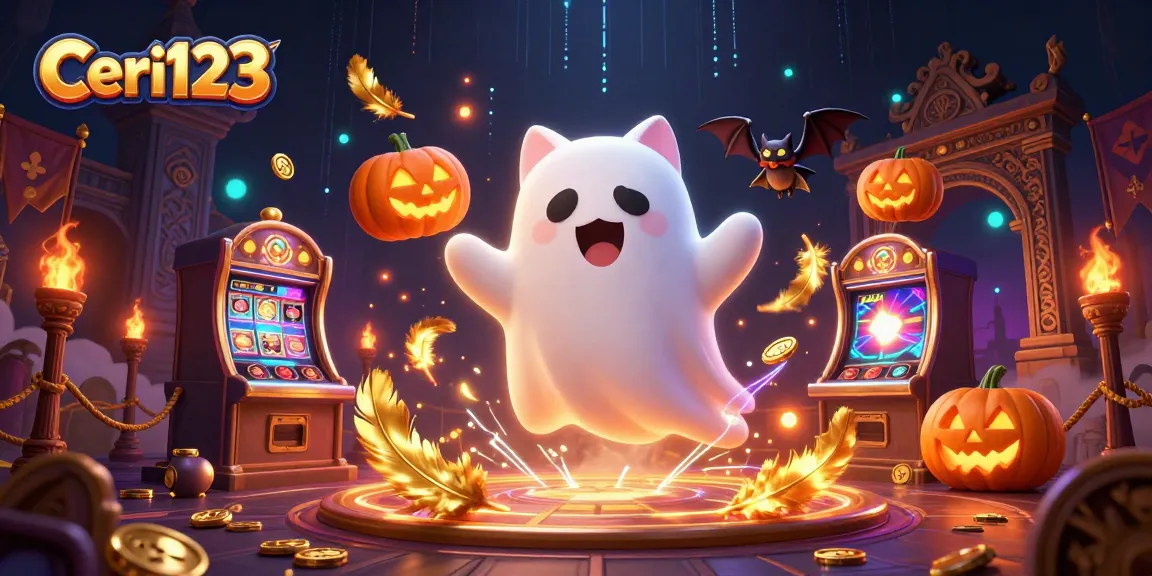 Engage with Ceri123's thrilling ghost cat slot games in a vibrant casino illustration.