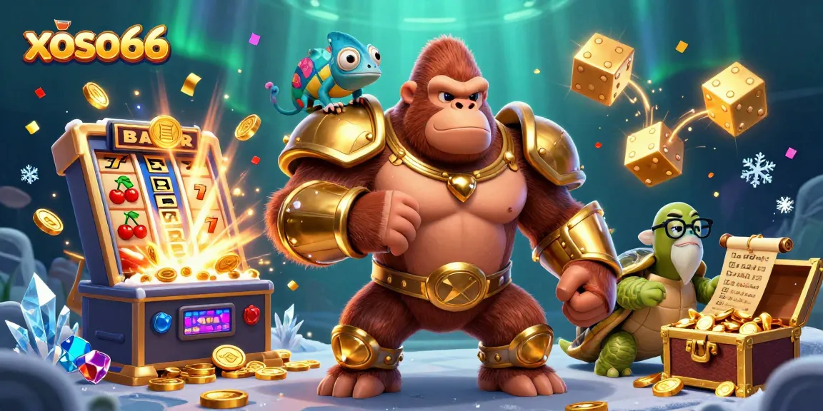Engage with xoso66 as the powerful gorilla king leads a jackpot celebration amidst vibrant casino elements.