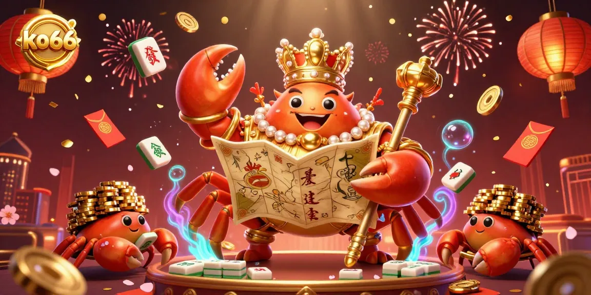 Experience the thrill of ko66 gaming with a vibrant 3D scene showcasing a golden crab emperor amidst casino elements.