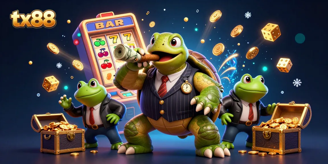 Experience the excitement of tx88 with a dynamic illustration of a snapping turtle and bullfrog enforcers amidst a casino scene.