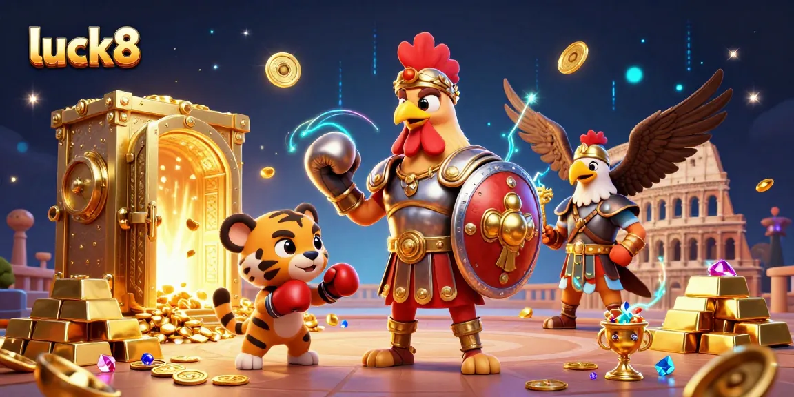Engage with luck8 as the gladiator rooster leads a thrilling colosseum battle, surrounded by treasure.