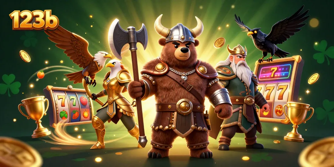 Join the 123b action with a Viking bear and Valkyrie in a vibrant casino scene.