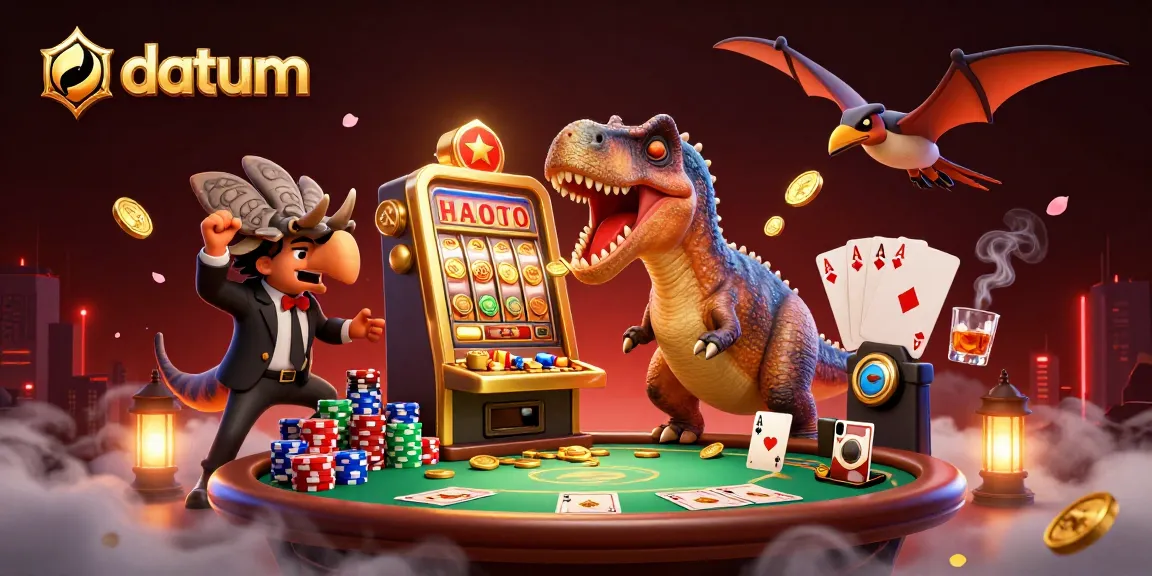 datum jackpot scene with cartoon characters playing slots and poker, vibrant casino atmosphere