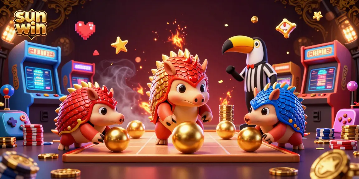 Experience sun win action with rival pangolins rolling through poker chips in a vibrant casino scene.