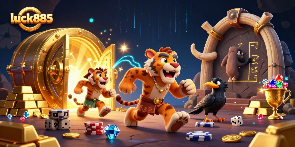 Engage with luck885 at this thrilling prehistoric casino adventure featuring a caveman and sabertooth duo.