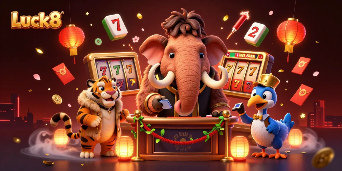 Luck8 features a vibrant 3D illustration showing a casino bouncer checking IDs, vibrant game elements surrounding the scene.