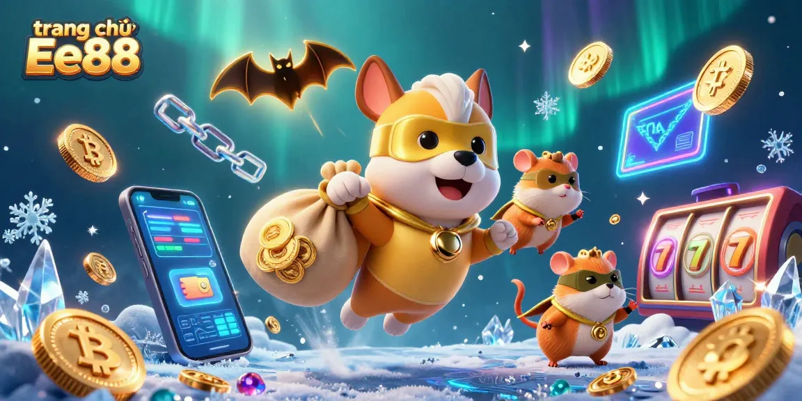 Engage with the exciting gaming world of trang chủ Ee88, showcasing a superhero dog and hamster in a vibrant casino scene.