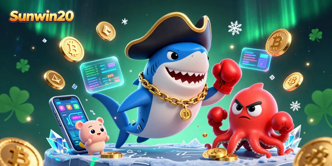 Engage with Sunwin20 in this lively 3D casino scene featuring a pirate shark and crypto elements